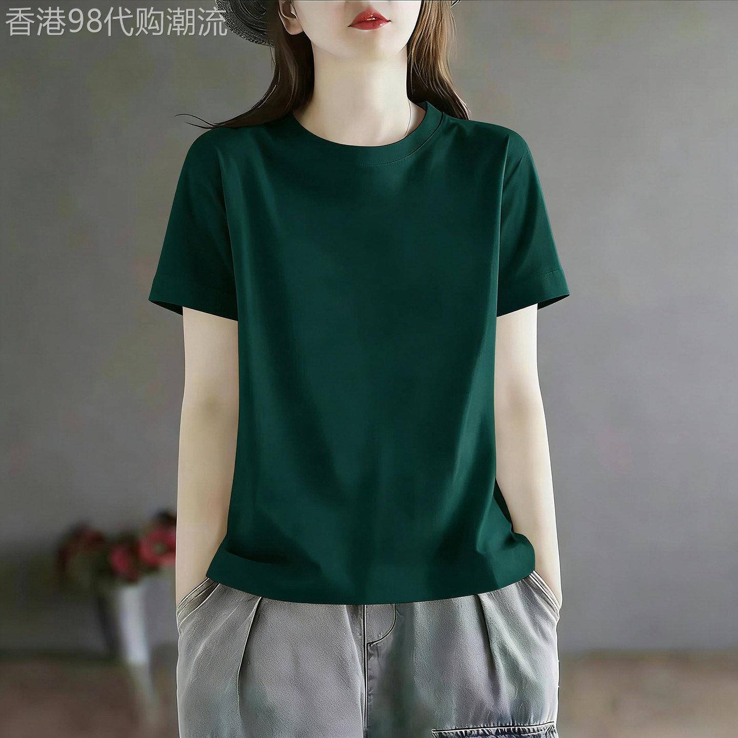 墨绿色纯棉短袖t恤女2026夏季新款宽松休闲遮肚显瘦气质减龄上衣