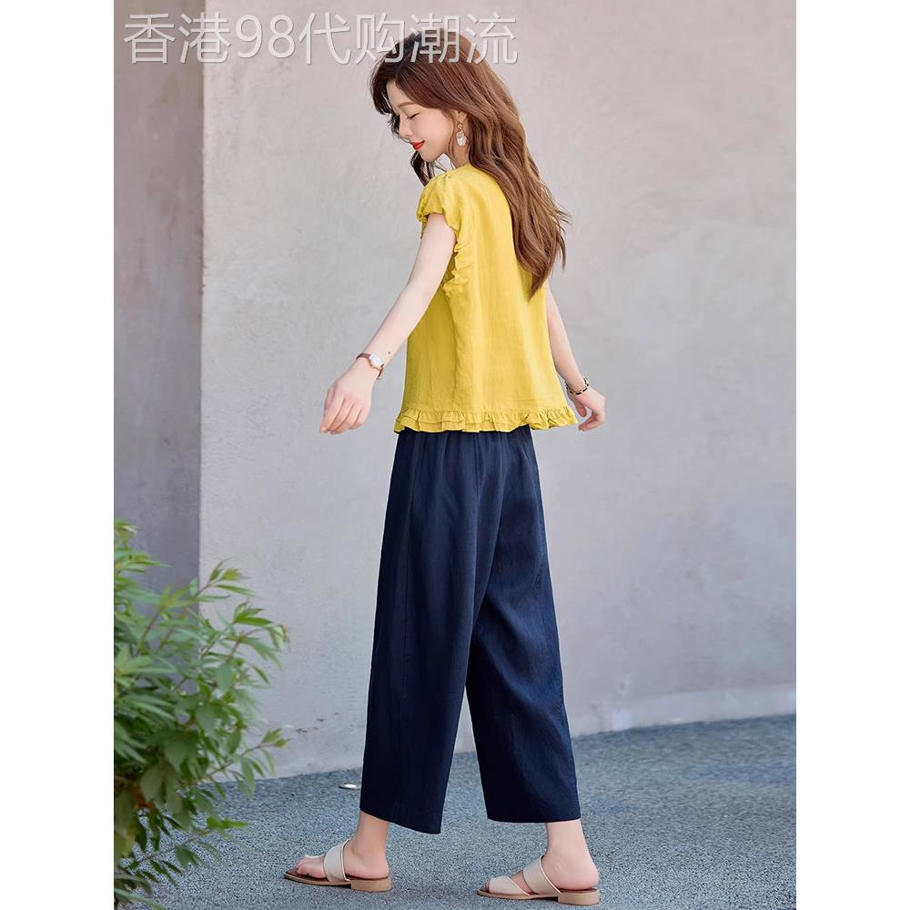 潮牌无袖衬衫套装女夏季韩系穿搭圆领荷叶边小衫阔腿裤亚麻两件套