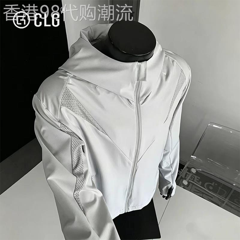 香港CLG潮牌灰色原纱立领防晒衣男夏季薄款激光网眼透气冲锋外套