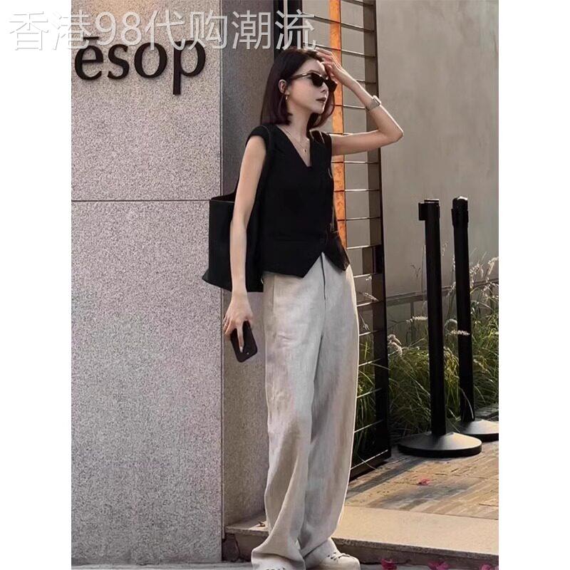黑色棉麻西装背心背心女夏外穿小个子短款坎肩亚麻V领无袖上衣