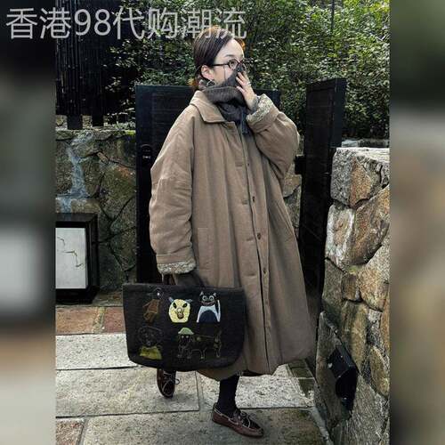 冬季风衣外套女新款复古松弛感长款过膝棉衣宽松休闲加厚保暖大衣