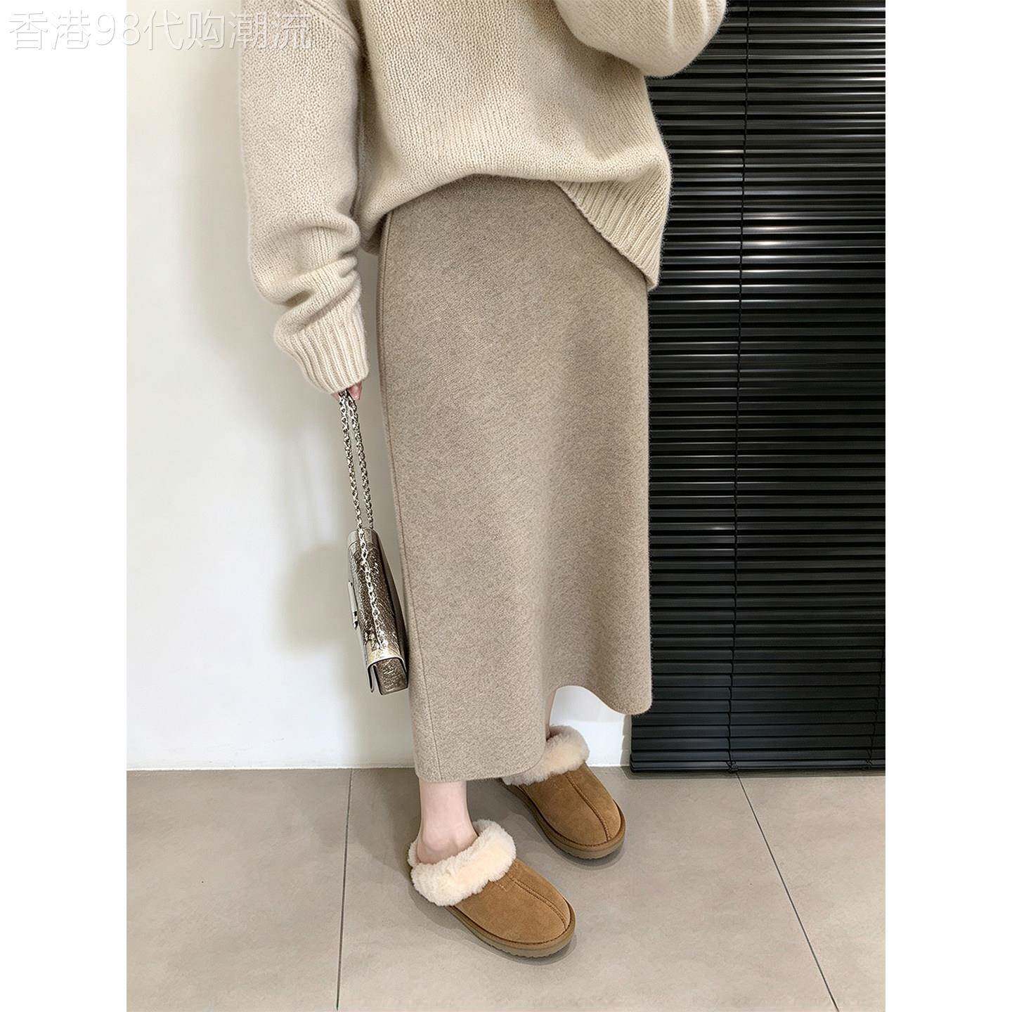 燕麦色软糯针织半身裙女春秋欧货韩系高腰显瘦包臀裙中长款A字裙