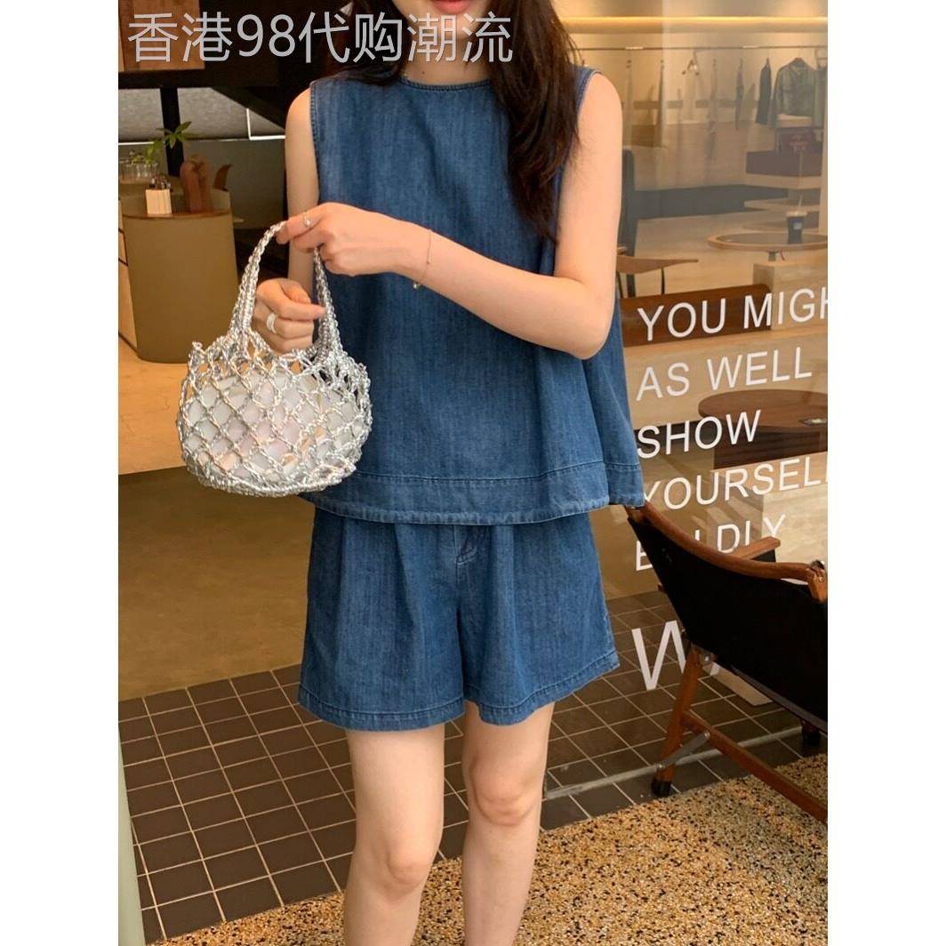 韩版时尚套装女夏季2026新款天丝无袖牛仔上衣阔腿短裤休闲两件套