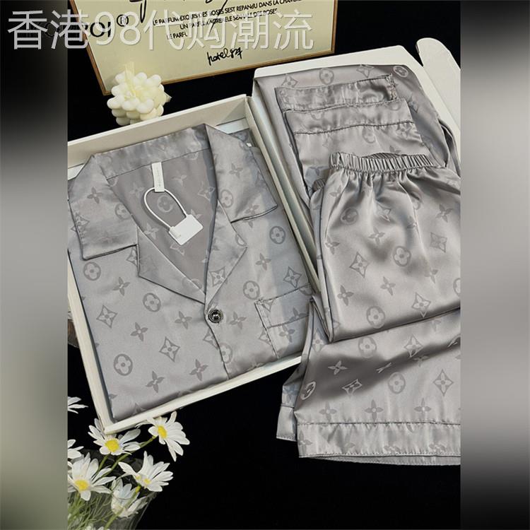 轻奢冰丝凉感家居服套装男夏季短袖高级感小香风银灰色睡衣三件套