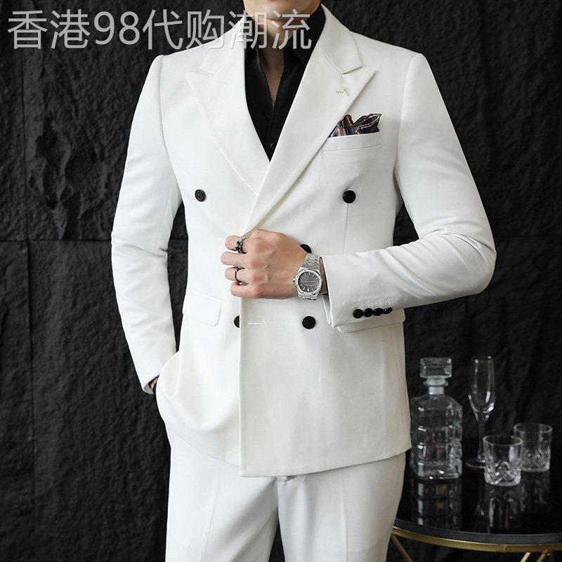 春秋双排扣白色西服套装男修身英伦商务高端轻奢结婚礼服新郎西装