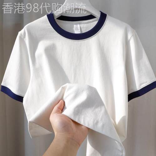 原棉部落 美式复古~270g重磅短袖纯色男女夏季纯棉拼色圆领t恤