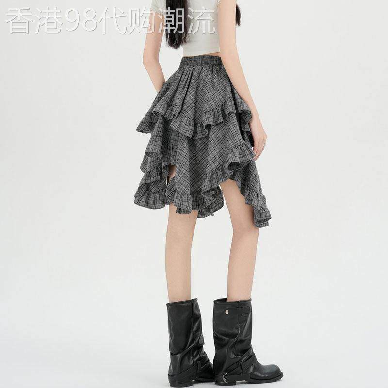 不规则荷叶边格纹半身裙女2026年夏季新款高腰显瘦a字蓬蓬短裙子