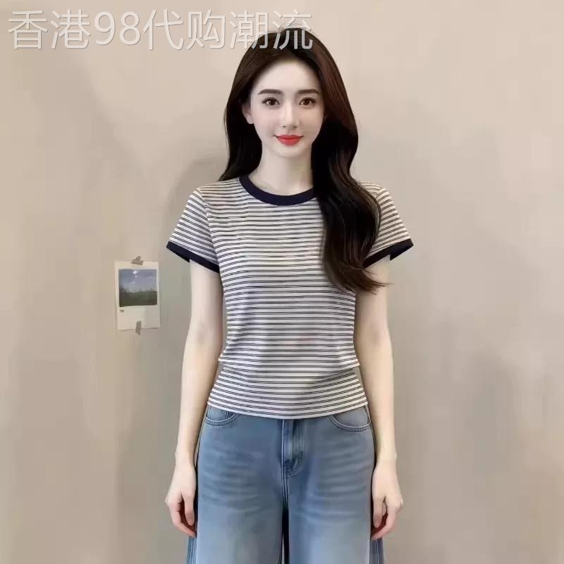 韩系撞色条纹纯棉短袖T恤女2026夏大尺码胖mm气质减龄修身正肩上