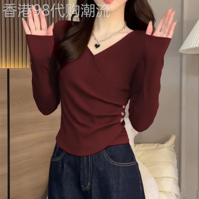 安可拉红正肩交叉V领长袖T恤2026春秋新款不规则褶皱收腰拼接上衣