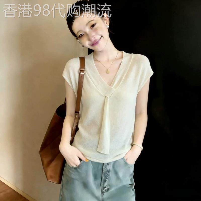 韩版灰色V领短袖冰丝T恤打底衫女夏季胖mm显瘦高级感短款飘带上衣