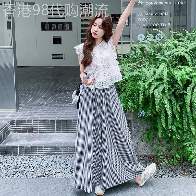一整套ootd穿搭套装女夏2026新款蕾丝花边背心格纹阔腿裤裙两件套