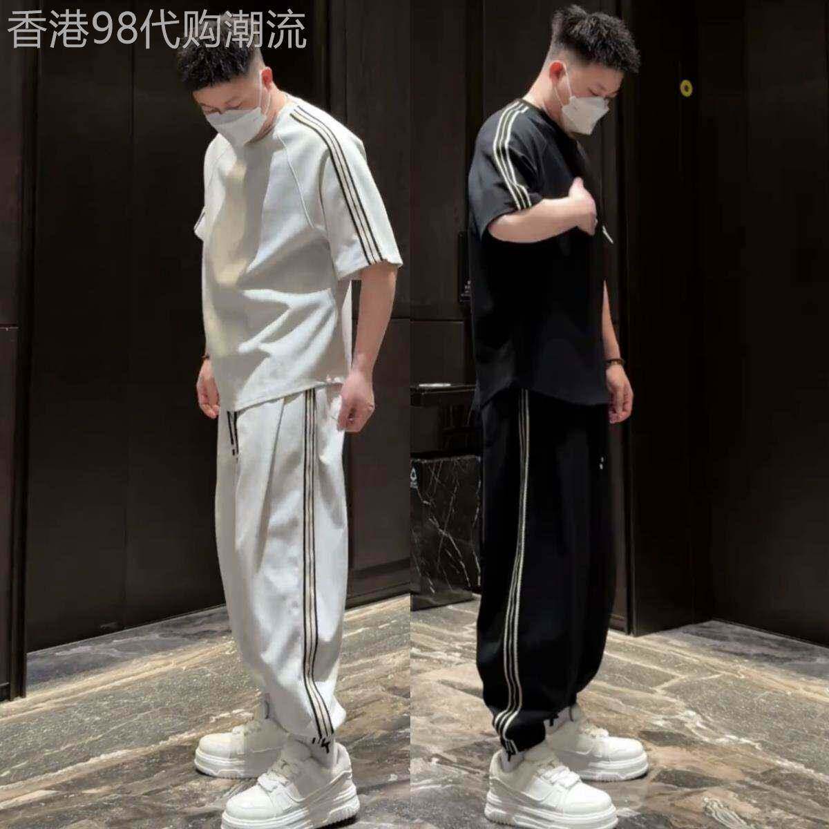 休闲运动套装男夏季潮牌宽松痞帅条纹拼接短袖长裤男装穿搭两件套