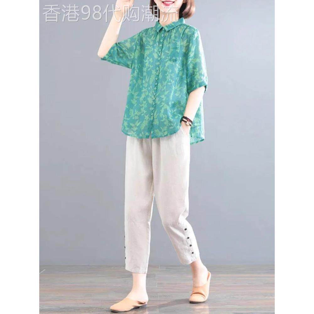 时尚品牌妈妈棉麻套装2025年夏季新款经典苎麻花衬衫大尺寸亚麻两