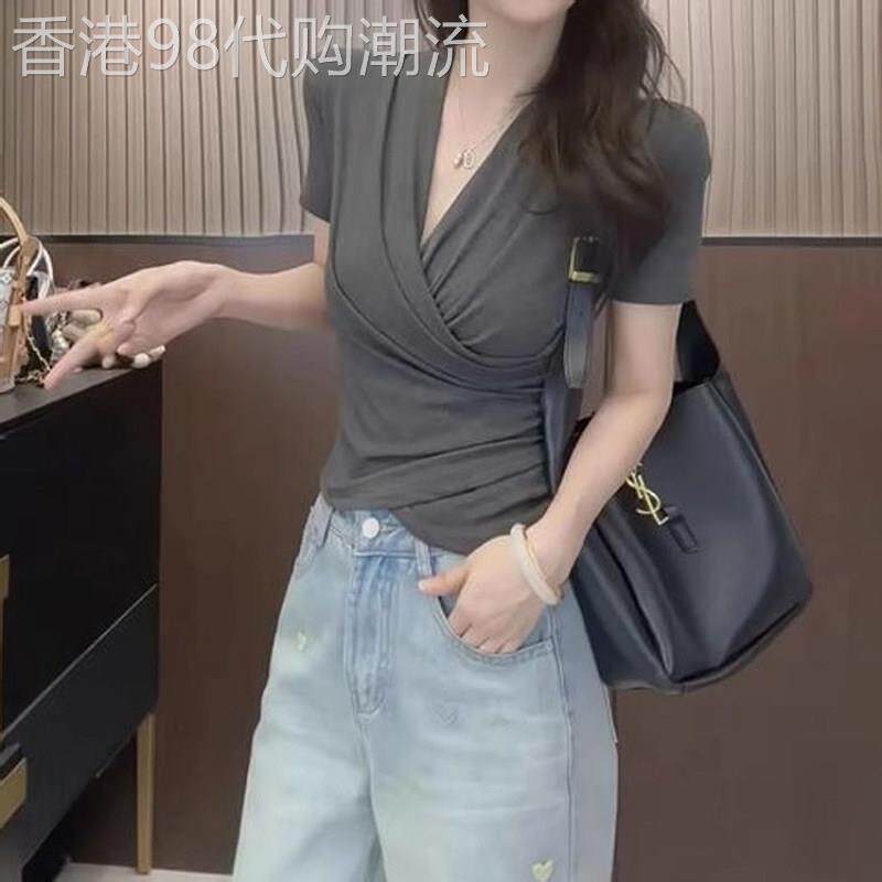 灰色正肩短袖t恤女夏季2026新款薄修身大码设计感v领半袖体恤上衣