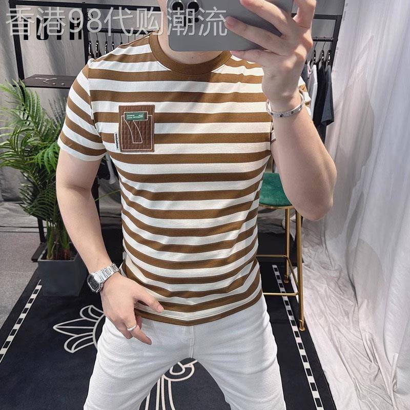 条纹短袖t恤男士夏季韩版潮牌修身刺绣t恤百搭圆领休闲半袖上衣服