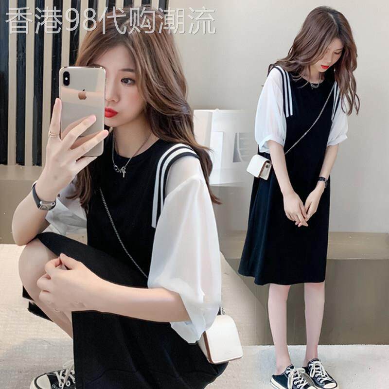 黑色泡泡袖连衣裙女夏季新款拼接设计感宽松显瘦中长款短袖T恤裙