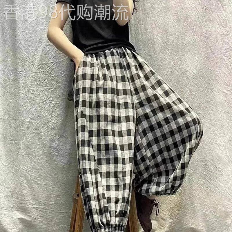 棉麻格子阔腿裤女夏季薄款2025新款设计感复古时尚宽松九分灯笼裤