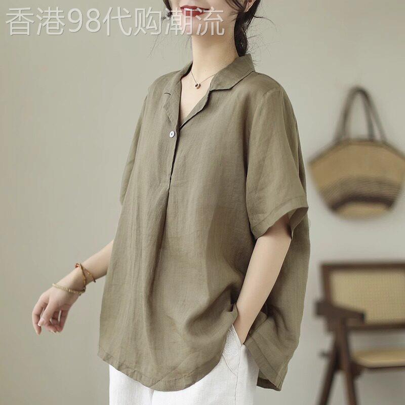 棉麻POLO领女衬衫 2025夏季轻奢亚麻上衣 韩版减龄大码衬衫 纯色