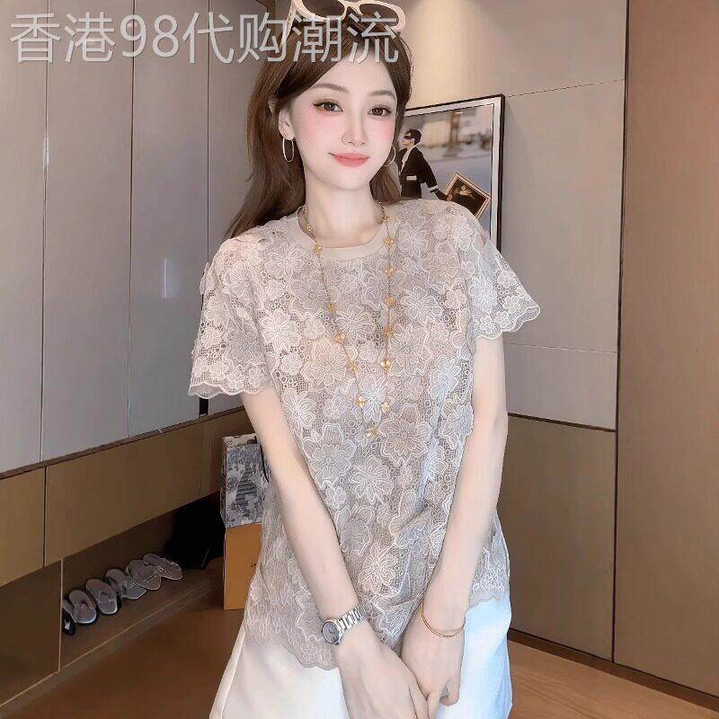 蕾丝短袖t恤女夏季薄款2026新款设计感勾花镂空宽松显瘦圆领上衣