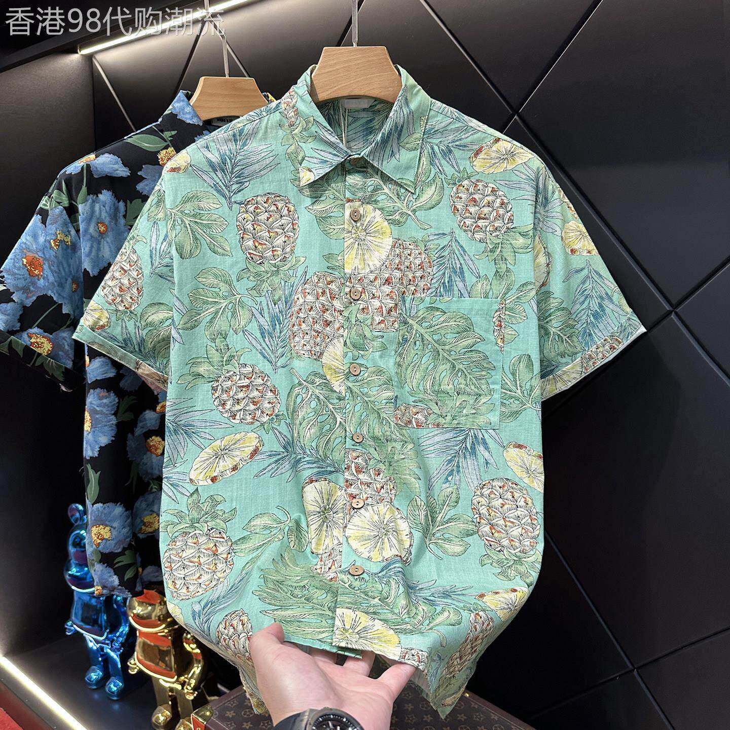 潮牌夏威夷风印花短袖衬衫男士夏季新款宽松翻领透气海边度假衬衣
