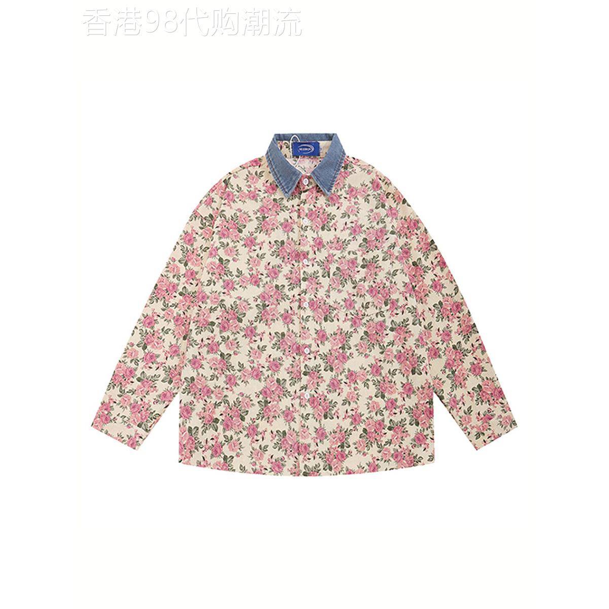 MUSONMU港风覆古春秋季碎花长袖灯芯绒衬衫男粉色衣服休闲外套男
