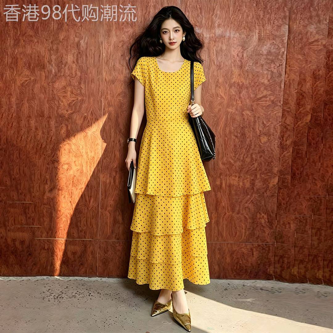 气质黄色波点洋装女2026夏季新款小个子高级感独特超好看长裙子