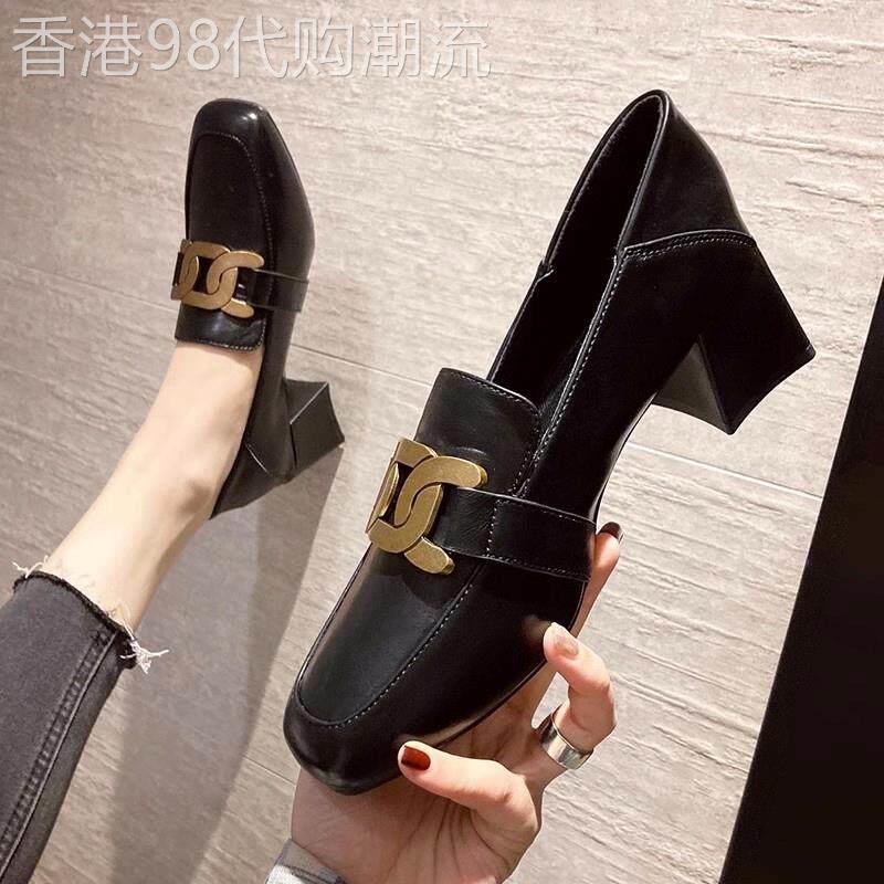 香港粗高跟单鞋女2026春秋新款韩版小皮鞋法式棕色方头乐福鞋真皮