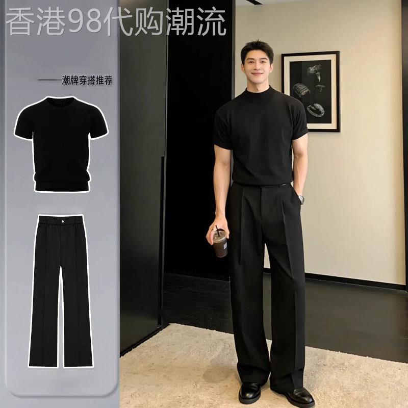 潮牌老钱风人夫感穿搭短袖t恤套装男士夏季高级感垂感西裤一整套