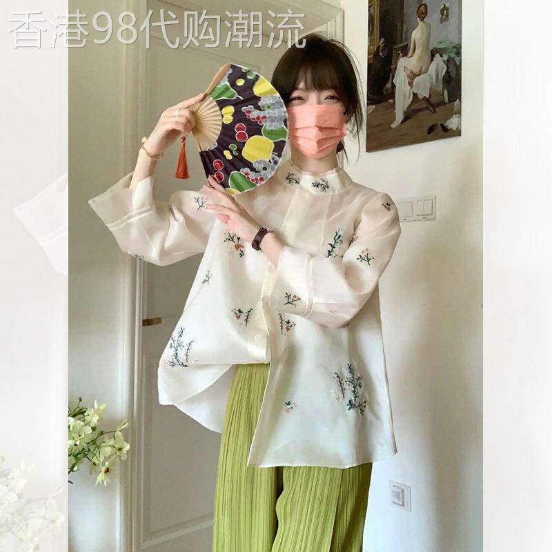新中式国风刺绣衬衫 2025夏季淑女上衣 立领设计感女衬衣 小众设