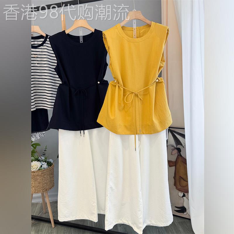 潮牌高级感无袖衬衫松紧腰直筒阔腿裤两件套女夏季休闲时尚套装潮
