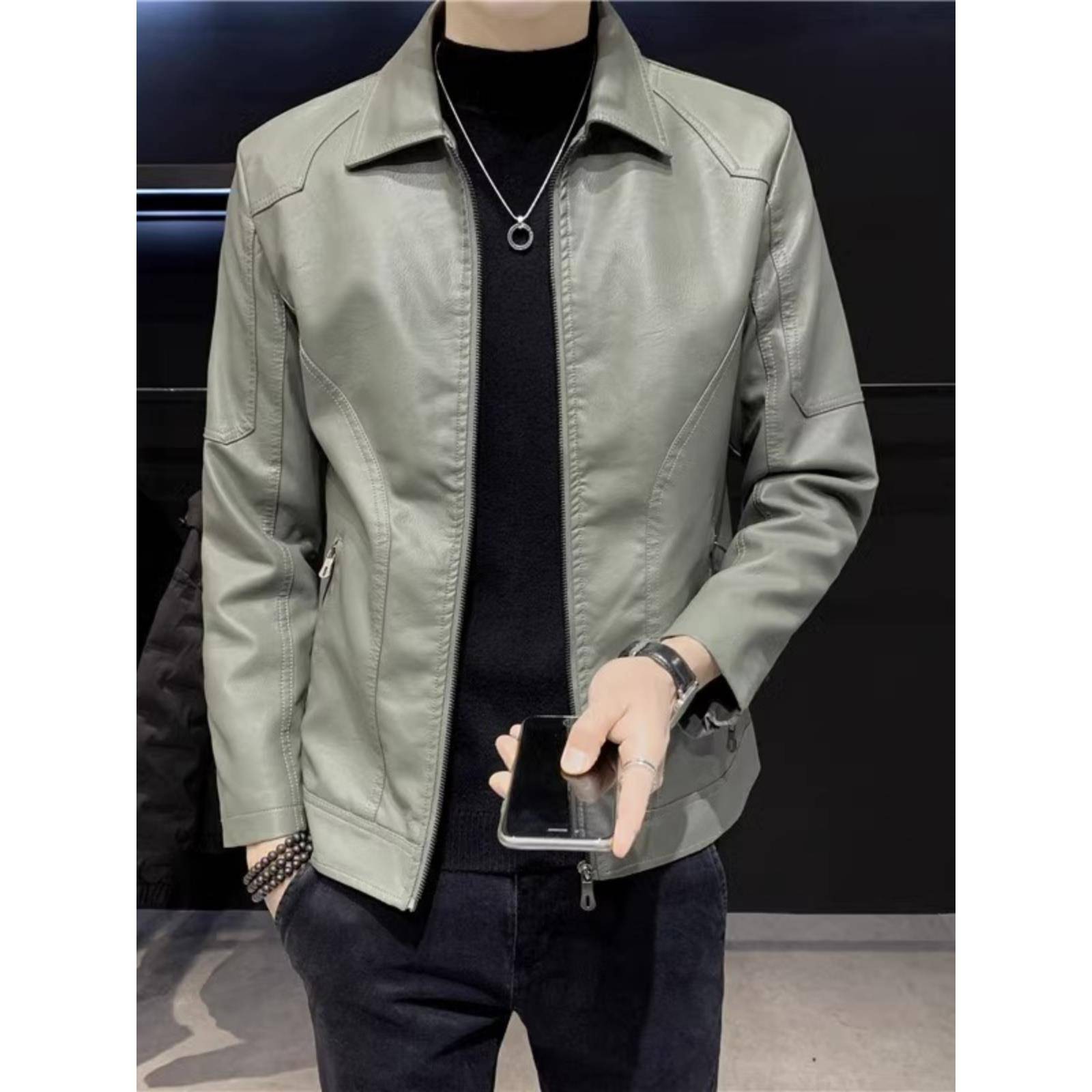 2024春秋新款翻领真皮皮衣男外套帅气潮流休闲加绒修身绵羊皮夹克