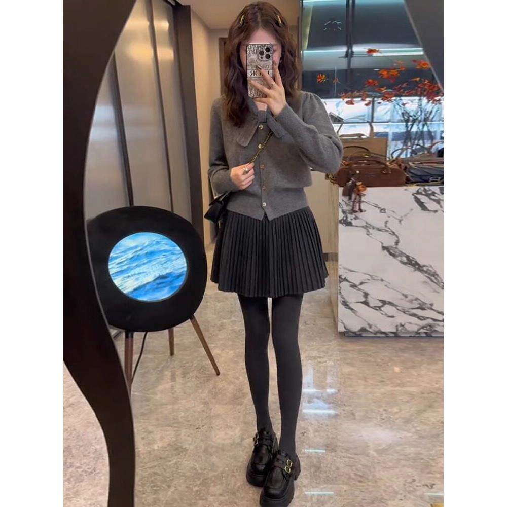 小香风套装裙女春秋2025新款高级感气质针织开衫百褶半身裙两件套