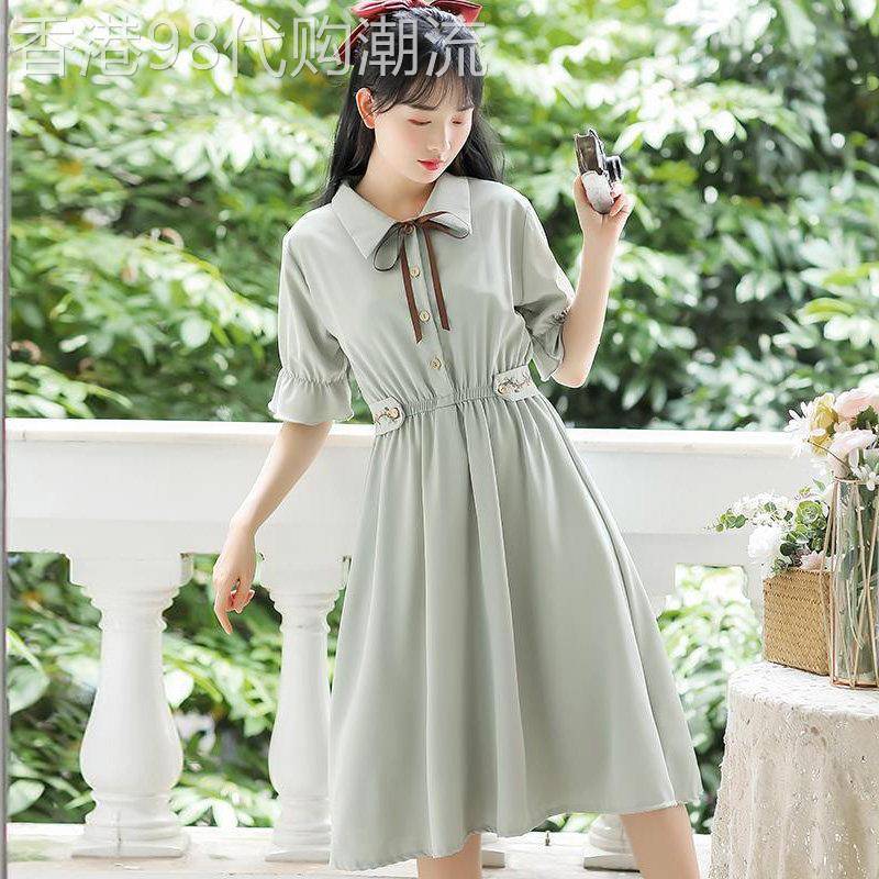 潮牌小清新收腰甜美连衣裙女夏季2025新款森系刺绣蝴蝶结中长裙子