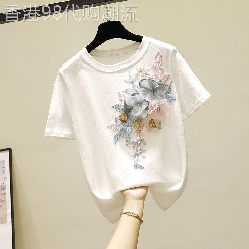 2025夏季短袖T恤女立体刺绣花朵韩版通勤风卡卓梵宽松版型打底衫