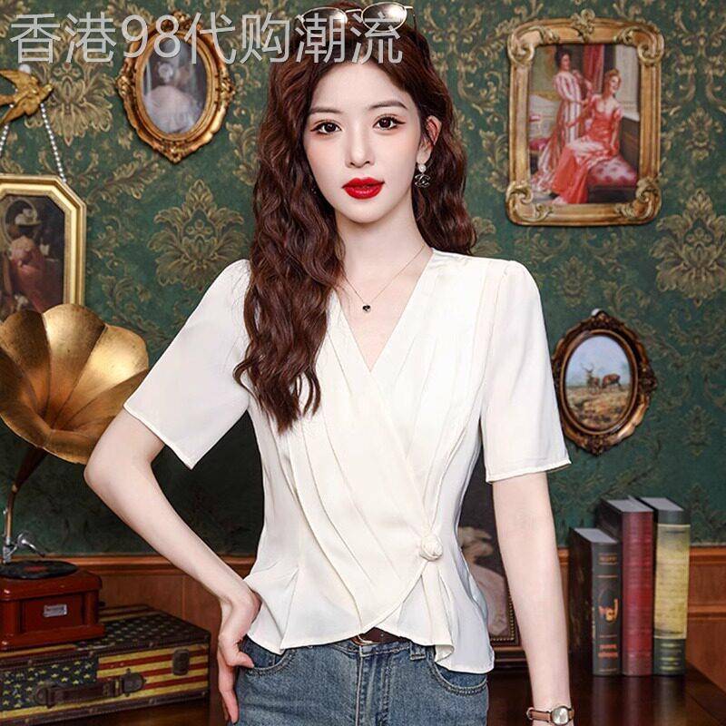 法式V领雪纺衫女夏季短袖2026新款高级感抽褶收腰显瘦气质短上衣