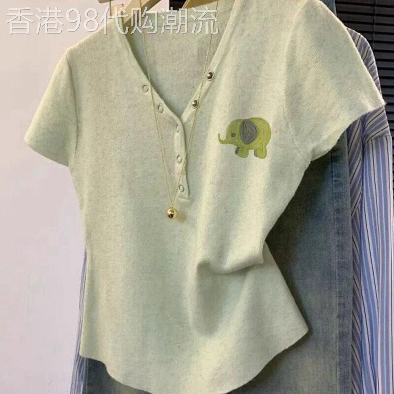 洋派减龄绿色冰丝小象短袖t恤女夏2026新款法式复古独特气质上衣