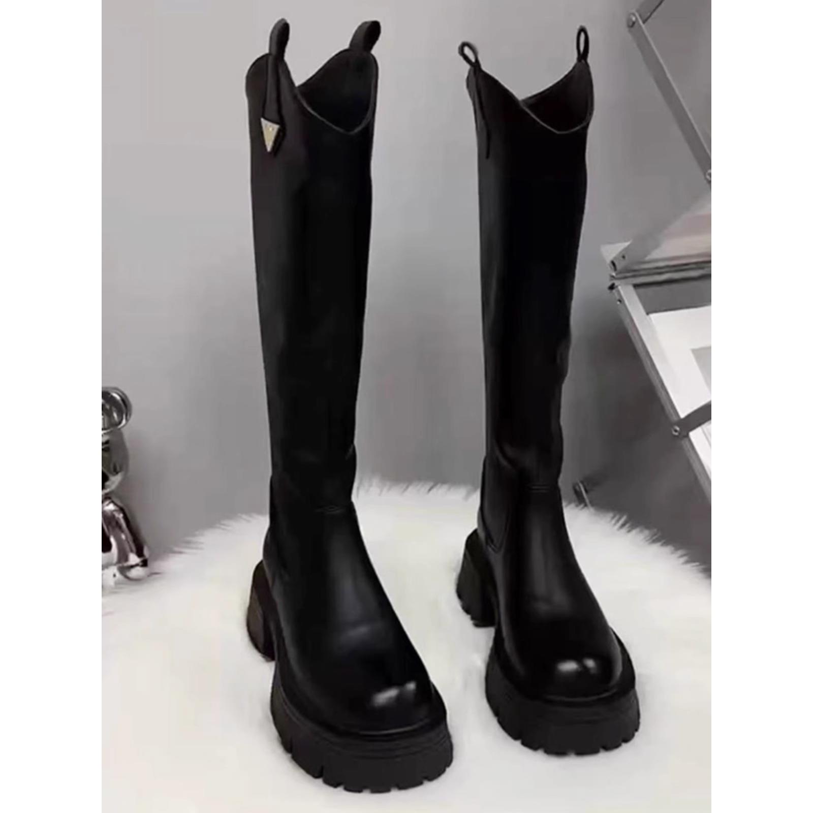 香港真皮长筒靴女秋冬季2025新款加绒爆款厚底小个子增高筒骑士靴