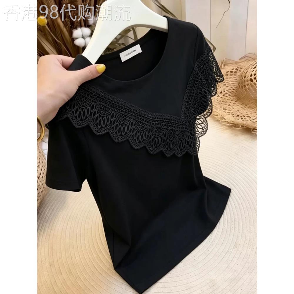 黑色百搭蕾丝设计感拼接短袖t恤女高级感显瘦修身小众外穿上衣夏