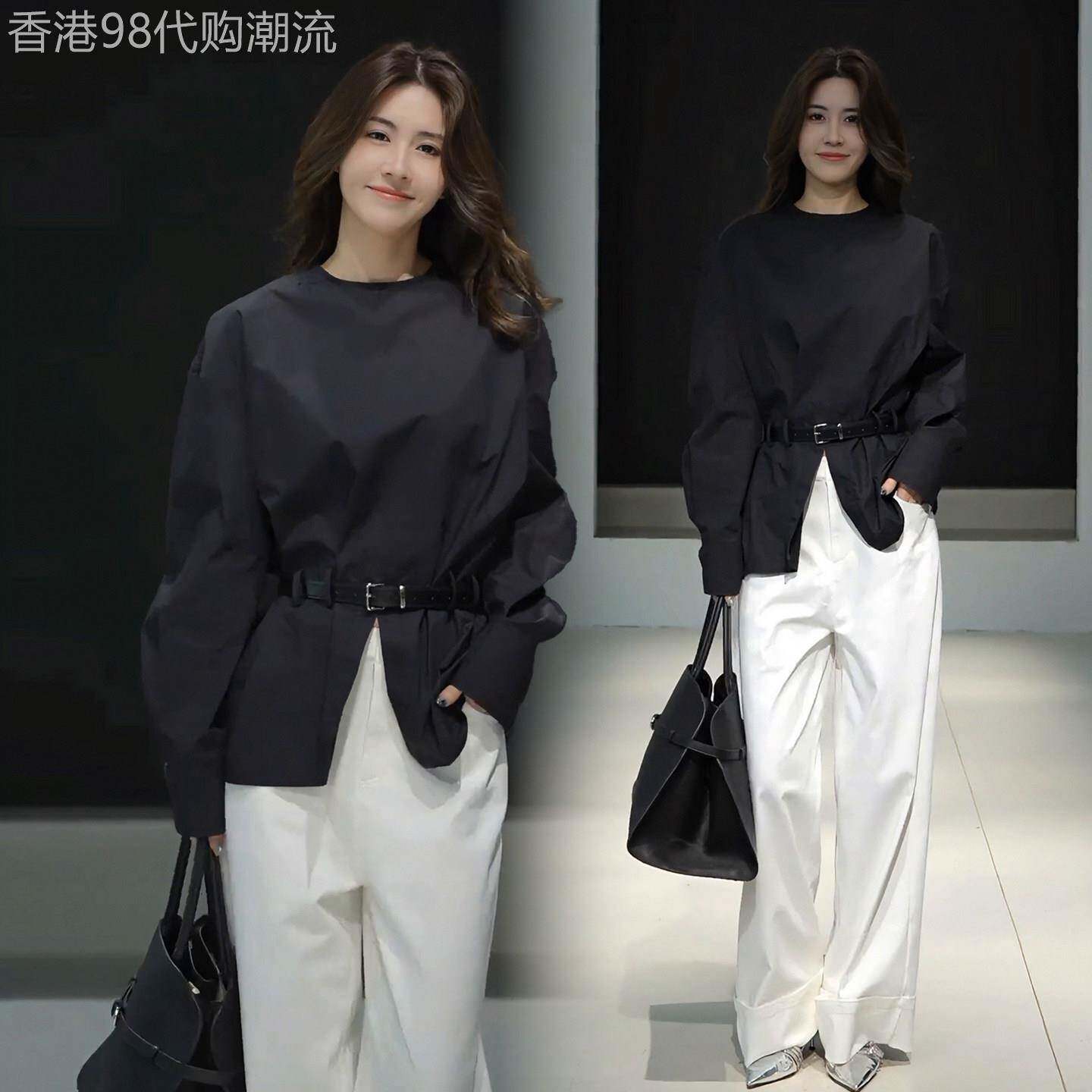 香港代购时尚套装女春季新款韩版收腰衬衫宽松显瘦阔腿裤两件套潮