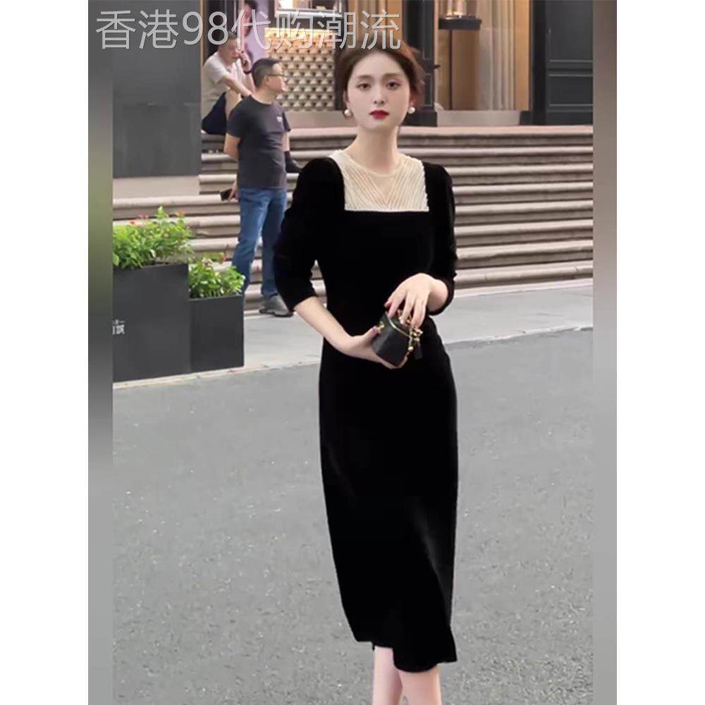 欧洲站2025年秋季新款法式高级感黑色小礼服气质赫本风丝绒连衣裙