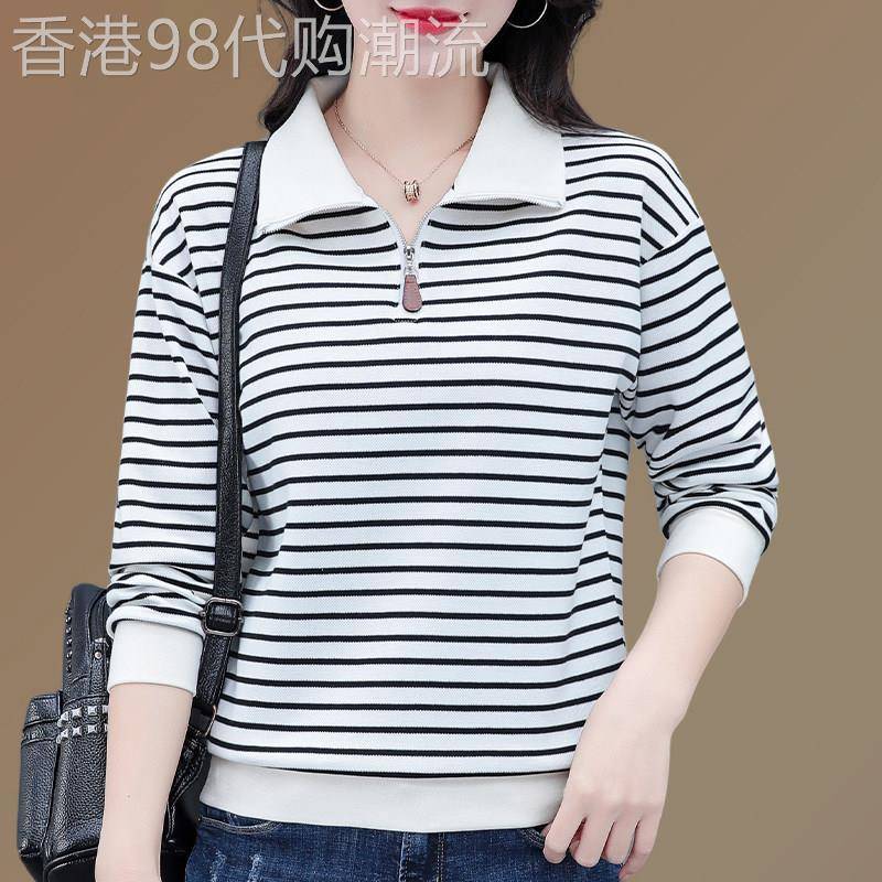 中年妈妈时尚半拉炼翻领条纹休闲上衣春秋2026新款洋派减龄女装上
