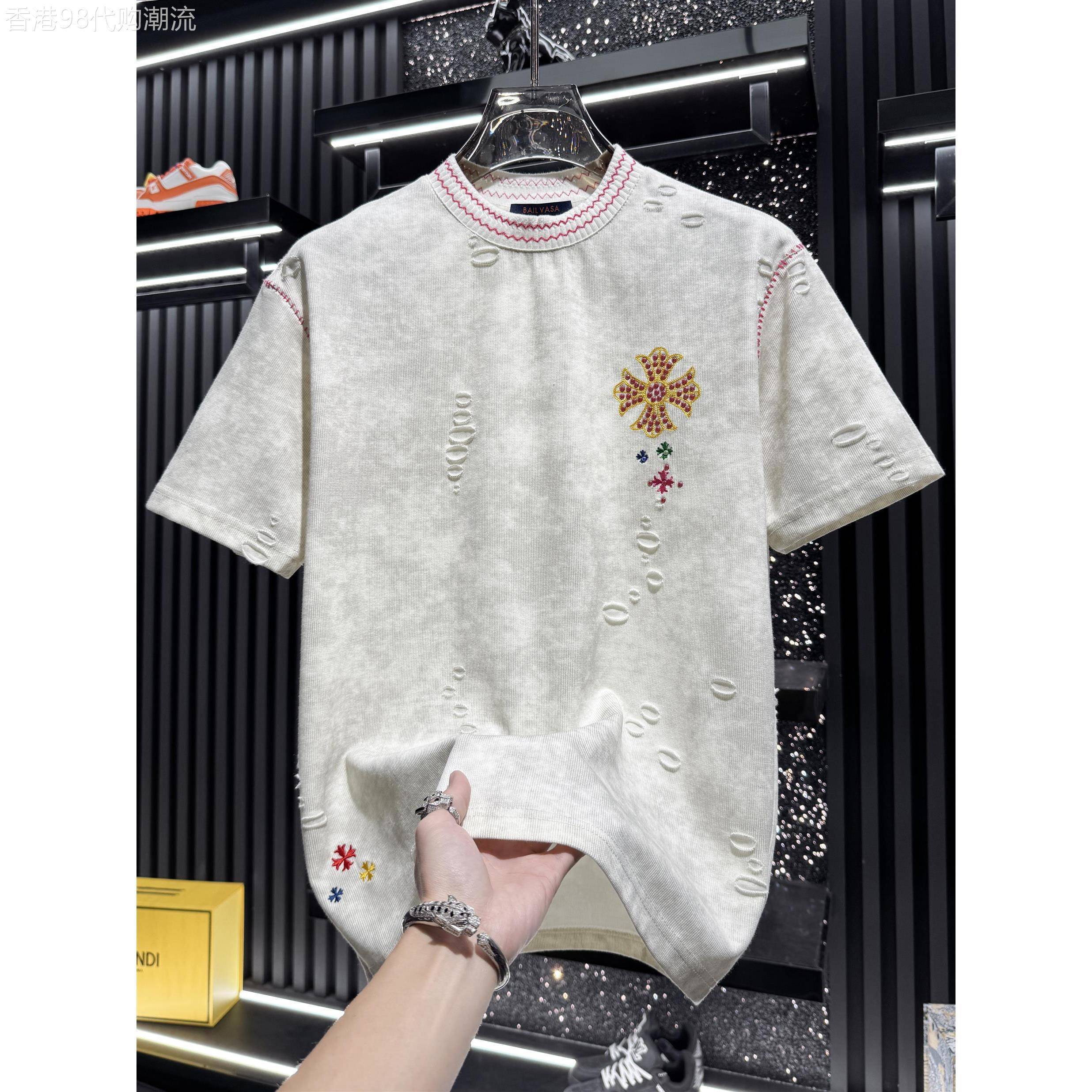 出口美国⭐Chrisma Katch~高端刺绣烫钻破洞短袖t恤轻奢美式半袖
