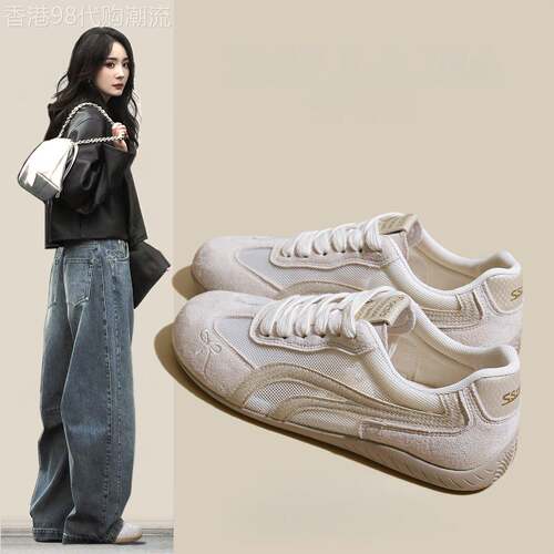 香港真皮厚底德训鞋女2026夏季新款芭蕾网面透气休闲运动小白鞋