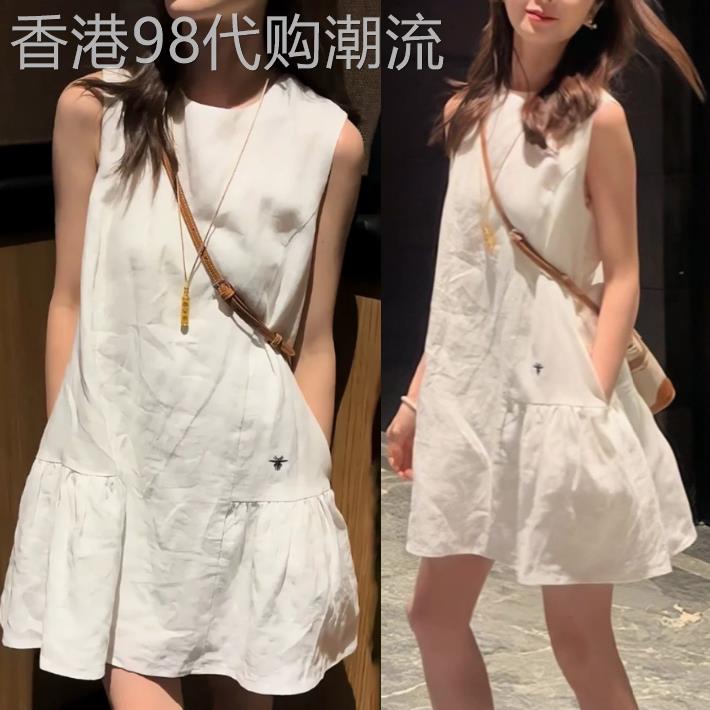 香港it代购韩国荷叶边宽松白色棉麻刺绣娃娃连衣裙蓬蓬背心裙女夏