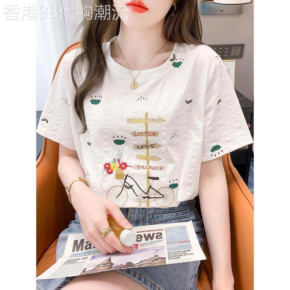 白色短袖T恤女士夏装2026新款宽松刺绣印花纯棉减龄T恤洋派上衣