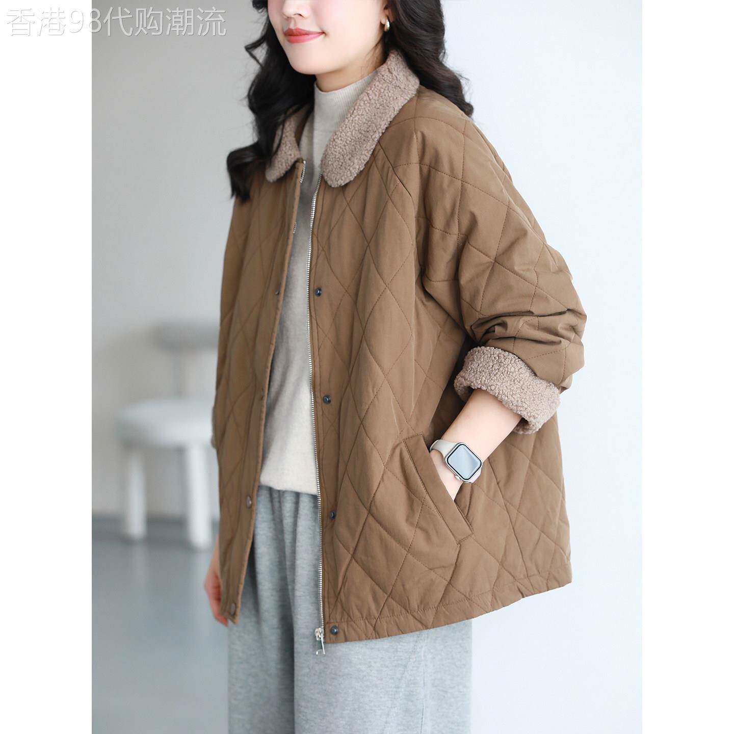 复古夹棉菱格外套女秋冬季2025年新款翻领保暖棉衣宽松加厚棉服女