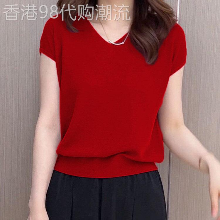 气质百搭纯色V领冰丝短袖t恤女夏季2026新款洋派显瘦大尺码女装上