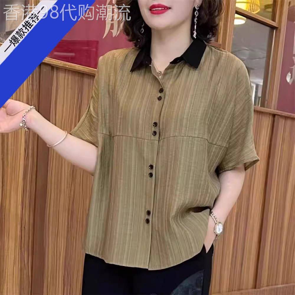 夏季新款中年妈妈撞色翻领棉麻短袖衬衫时尚女装宽松显瘦纯色上衣