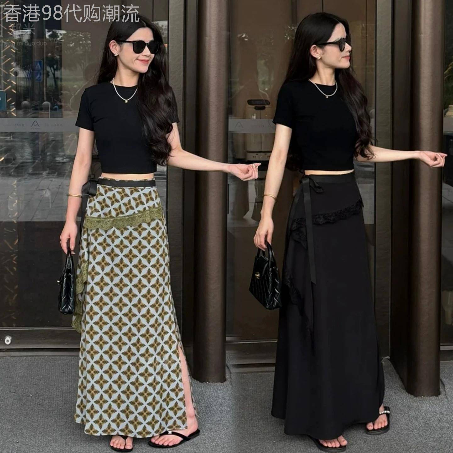 香港代购时尚套装裙女夏季新款显瘦圆领短袖蕾丝花边半身裙两件套