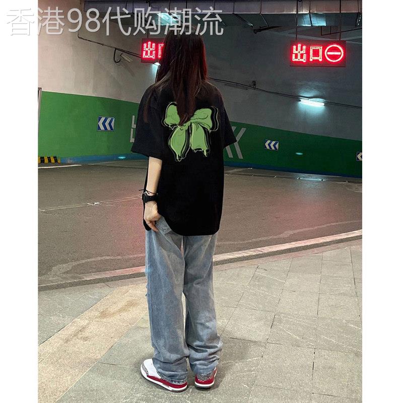 黑色短袖t恤女夏2026新款欧货大版宽松纯棉潮牌中长款遮屁股体恤